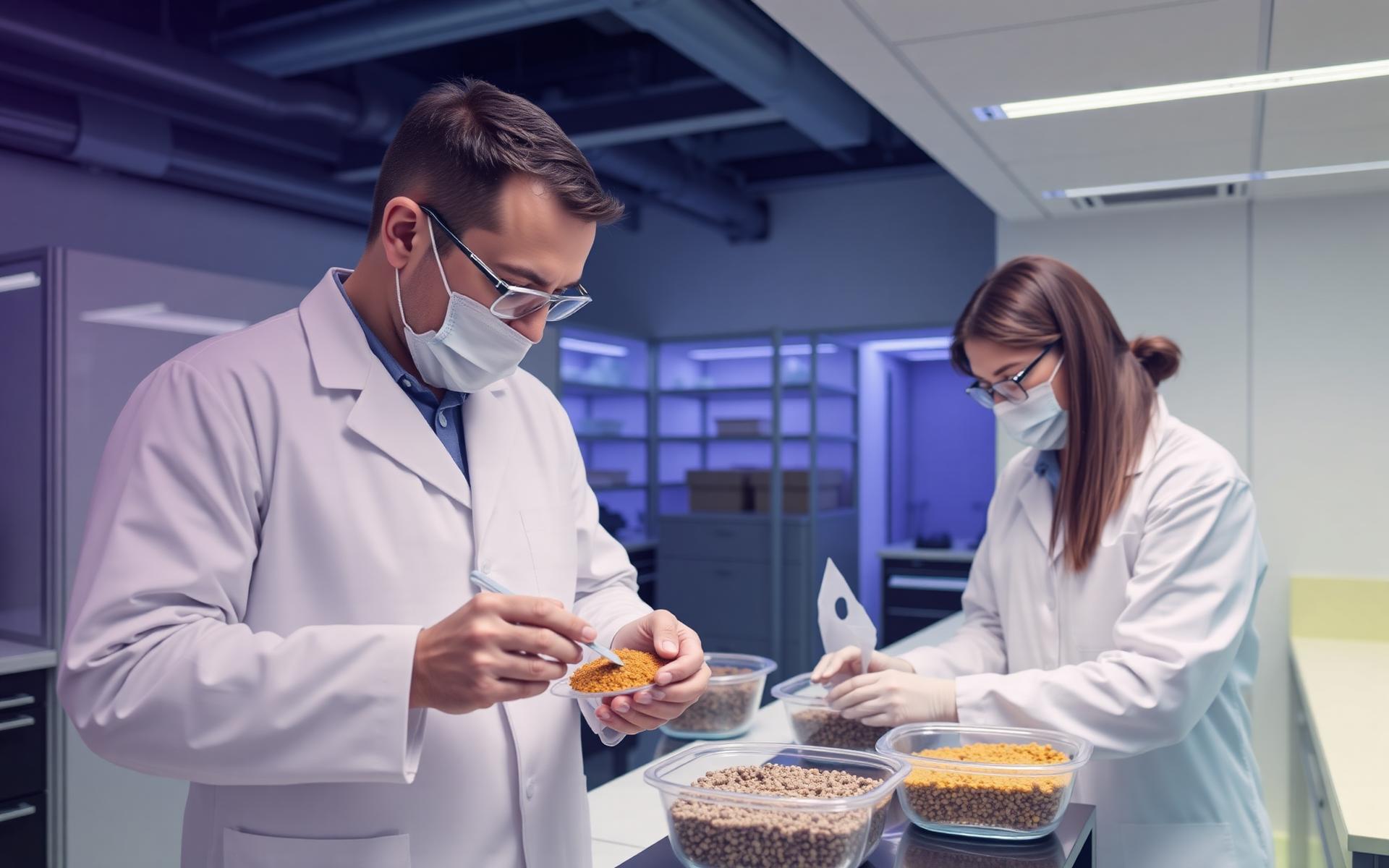 Scientists analyzing feed ingredient samples in a modern laboratory